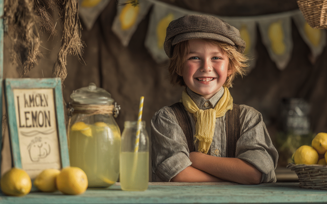Child at a school table preparing handmade lemonade to sell at a charity entrepreneurship fair — focus on learning through action, not theory