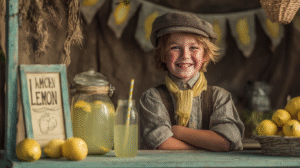 Child at a school table preparing handmade lemonade to sell at a charity entrepreneurship fair — focus on learning through action, not theory