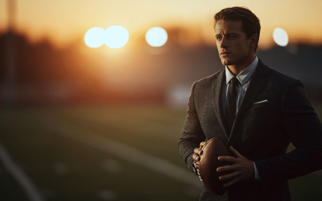 A quarterback on a field at sunset, holding a football and looking downfield, symbolizing choosing the right opportunities rather than taking desperate chances