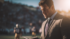 A quarterback in a business suit reviewing plays on the sideline during a game, symbolising strategic thinking and adjustment in high-pressure environments