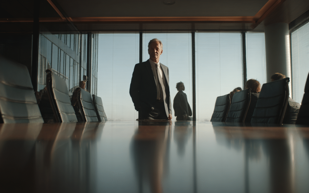 Business Man confidently standing in the boardroom after successful meeting.
