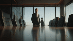 Business Man confidently standing in the boardroom after successful meeting.