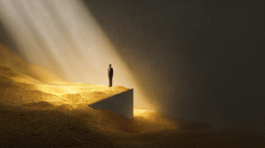 Illustration of a business owner standing on a pile of gold but not seeing it, symbolizing unnoticed value inside their business