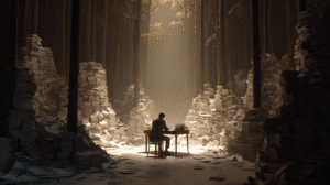 A business owner lost in a dense forest made of paperwork and tasks, with a single beam of light revealing a hidden golden path symbolising untapped revenue opportunities