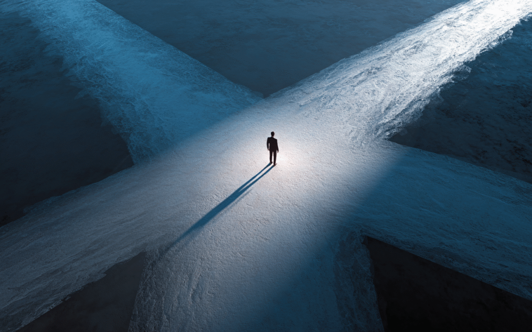 An overhead view of a business owner standing at the crossroads of four symbolic paths, representing the week’s themes of hidden revenue, breaking industry rules, choosing a niche, and gaining outside clarity