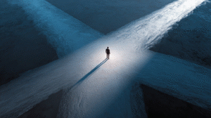 An overhead view of a business owner standing at the crossroads of four symbolic paths, representing the week’s themes of hidden revenue, breaking industry rules, choosing a niche, and gaining outside clarity