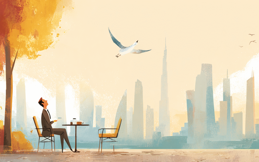 A business owner sitting at an outdoor table in Dubai is interrupted when a bird flying overhead drops a splat on them. The scene captures the surprise and frustration, symbolising how unexpected events can disrupt a business dependent on the owner