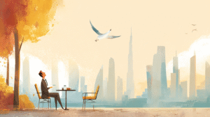 A business owner sitting at an outdoor table in Dubai is interrupted when a bird flying overhead drops a splat on them. The scene captures the surprise and frustration, symbolising how unexpected events can disrupt a business dependent on the owner