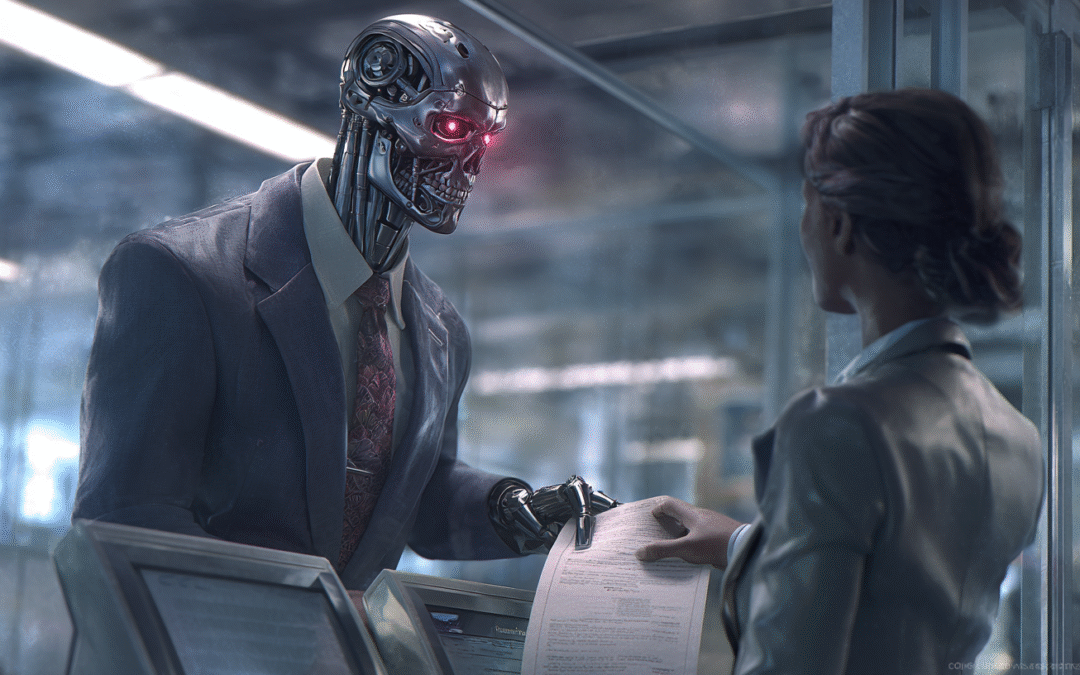 Ultrarealistic image of a cyborg banker with glowing red eyes in a suit firing a human bank advisor, symbolising banks replacing real relationships with cold automation