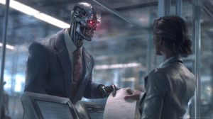 Ultrarealistic image of a cyborg banker with glowing red eyes in a suit firing a human bank advisor, symbolising banks replacing real relationships with cold automation