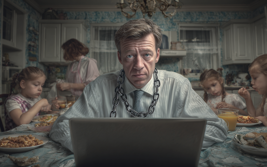 main chained to his computer working while his family has breakfast without him. he is like a ghost at the dinner table