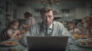 main chained to his computer working while his family has breakfast without him. he is like a ghost at the dinner table