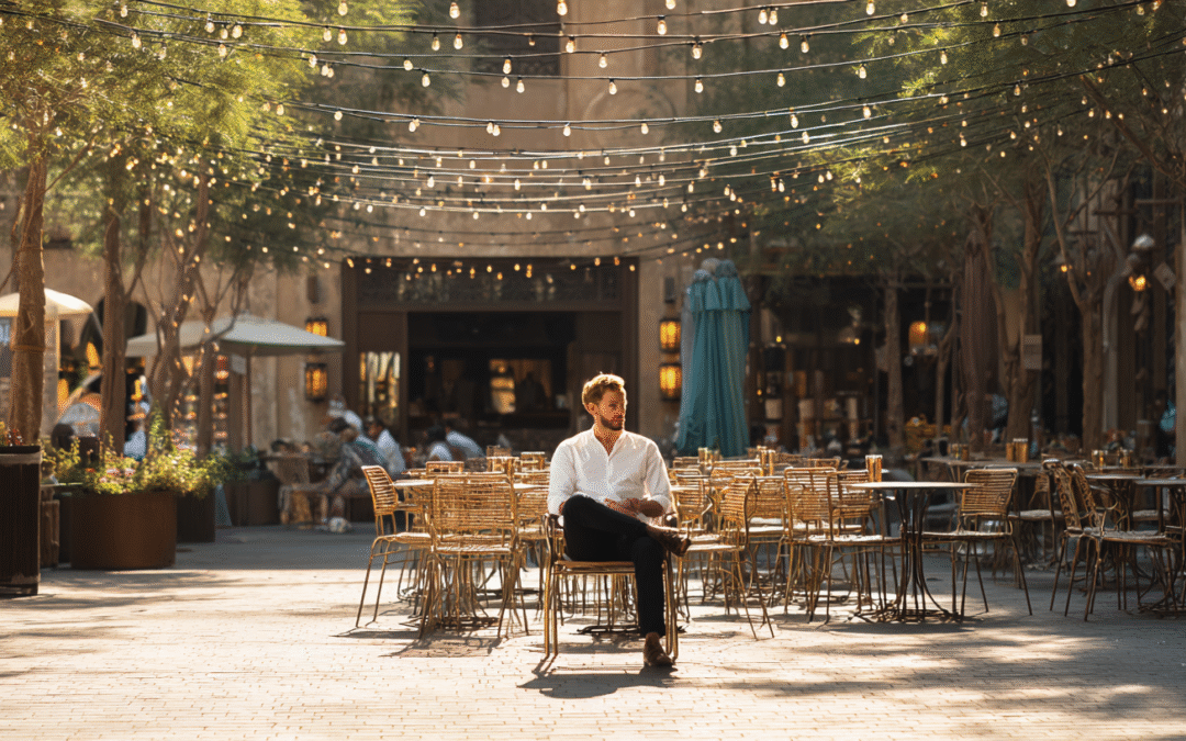 Man sitting at an outdoor café with clear skies above, choosing a strategic table away from ledges and bird perches to avoid getting splattered again — symbolising business predictability through smarter systems