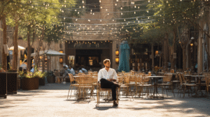 Man sitting at an outdoor café with clear skies above, choosing a strategic table away from ledges and bird perches to avoid getting splattered again — symbolising business predictability through smarter systems