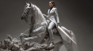 business woman riding a white horse with a sword of life trampling a dragon that represents a toxic client. image made in spirit of Saint George