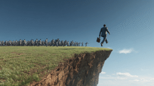 Man jumping with a crowd off a cliff.