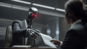 A menacing, humanoid robot in a business suit with glowing red eyes hands a document across a desk to a businesswoman, symbolising a ruthless, toxic client dynamic.