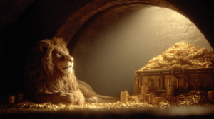 Lion guarding a treasure chest of gold