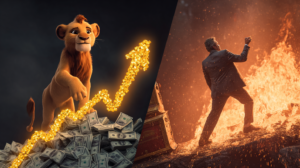 Split-scene illustration showing a young lion receiving growing royalty income over time, contrasted with a business owner burning a bridge to save a small amount of money while losing far larger long-term value