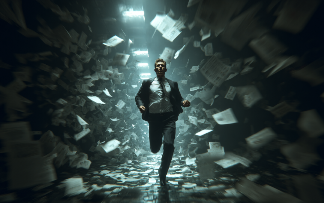 Business owner running frantically on a treadmill made of sales charts and paperwork, symbolising chasing revenue growth at the expense of business value and equity