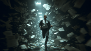 Business owner running frantically on a treadmill made of sales charts and paperwork, symbolising chasing revenue growth at the expense of business value and equity