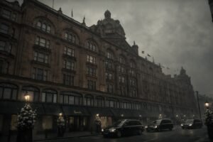 harrods in dark grey skies wiht funeral hearses in front