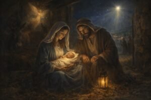 traditional nativity scene wiht Mary Joseph and baby Jesus in manger and Bethlehem star behind them.