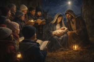 nativity scene where Joseph, Mary and baby Jesus in traditional attire are joined in the manger by children choir in modern 21st century clothing singing to them.