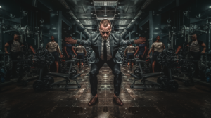 Man with oversized arm muscles and very skinny legs doing intense arm curls in a crowded gym, representing business imbalance and misplaced focus