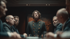 corporate board meeting with a man standing at head of table in East German military coat surrounded by seated men on each side in suits