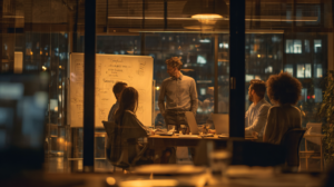 lonely business owner looking at a functional team from a distance through glass windows