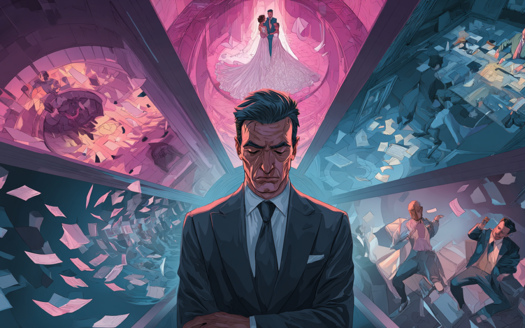 A business owner standing at a crossroads surrounded by four symbolic scenes: a man lifting weights with oversized arms and weak legs in a gym, a chaotic breakup in a dark tunnel, rejected pitch decks in an investor boardroom, and a fractured business team under pressure, representing common mistakes that damage business growth and stability.