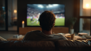 early morning.. man in dubai watching football match on TV out of North America.