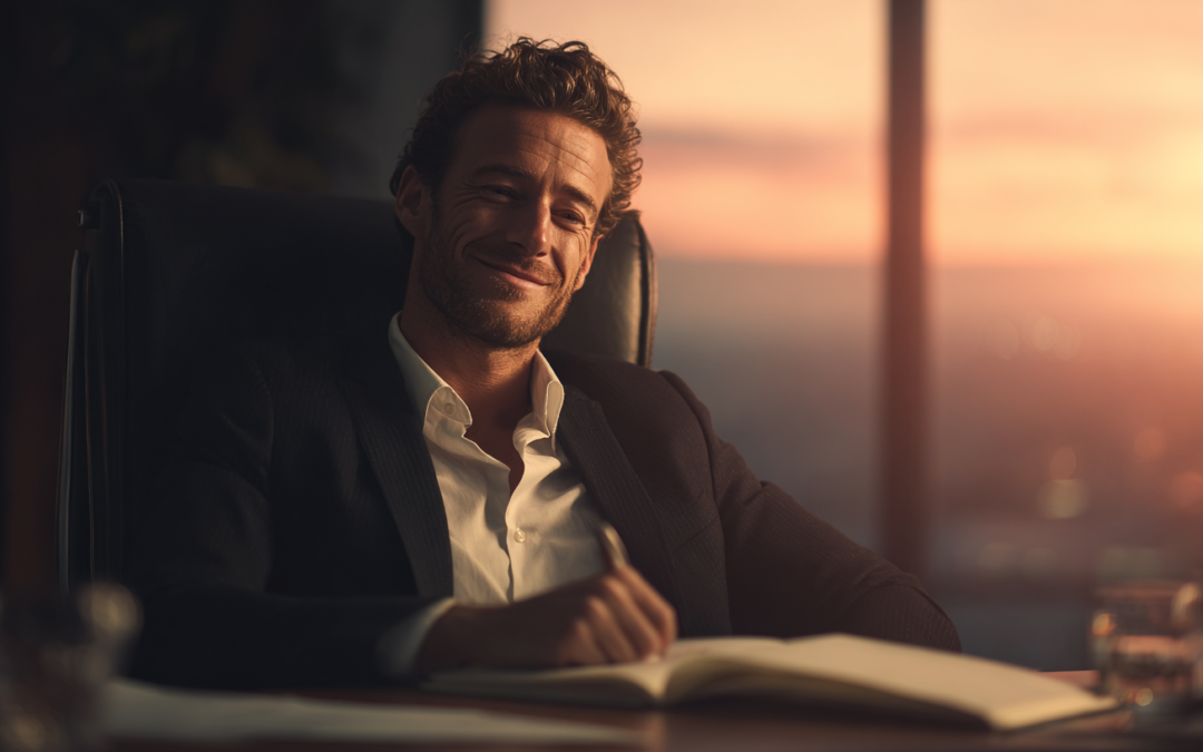 Founder reflecting calmly on business growth and transformation in a modern workspace, representing building a business that works without burnout