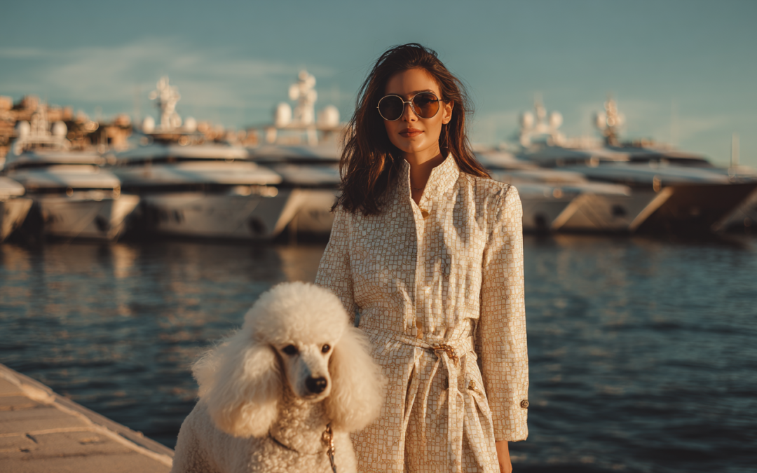 woman business owner wearing sunglasses and walking a poodle in front of a marina with a bunch of yachts.