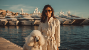 woman business owner wearing sunglasses and walking a poodle in front of a marina with a bunch of yachts.