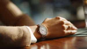 A female business owner's arm with expensive luxury watch on a corporate board table.