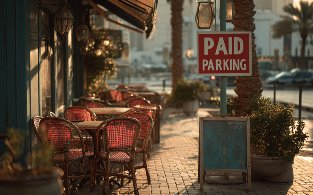 a bunch of empty tables and chairs outside with a big red paid parking sign showing what happens when you chase away your best customers to nickel and dime them on parking.