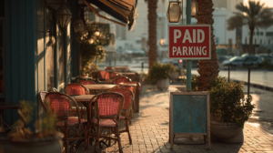 a bunch of empty tables and chairs outside with a big red paid parking sign showing what happens when you chase away your best customers to nickel and dime them on parking.