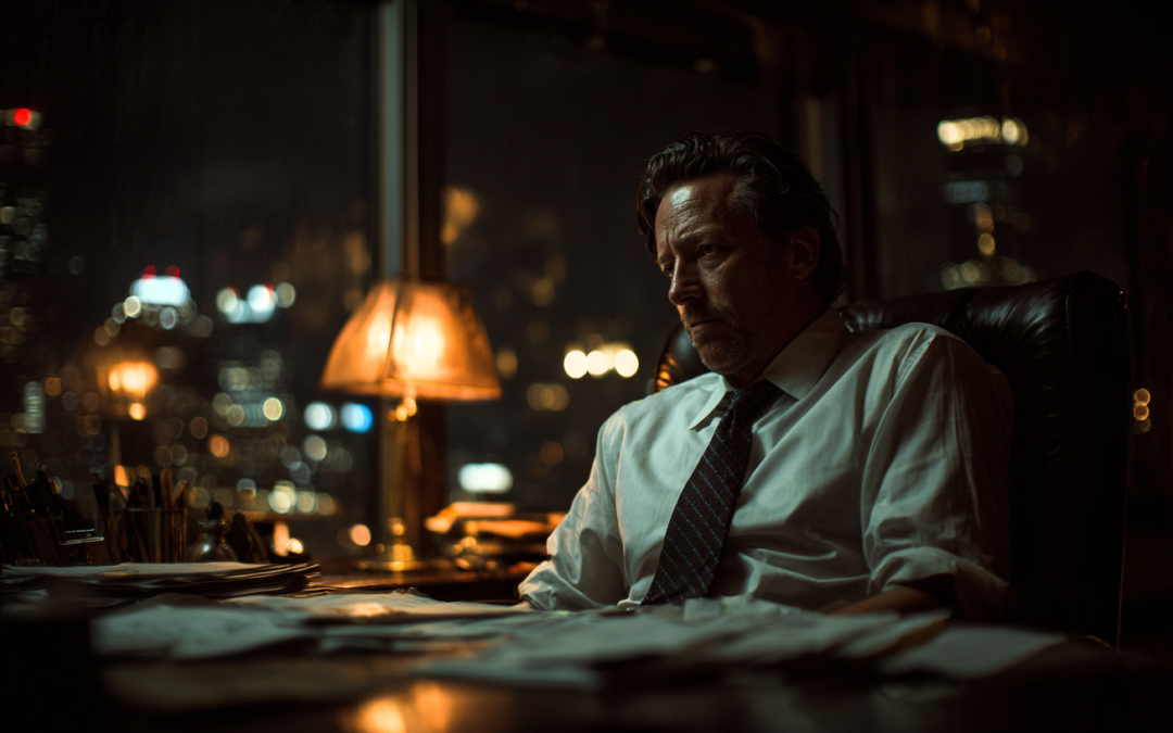 Business owner sitting alone in a dark office late at night, looking trapped and exhausted, symbolising loss of control and burnout in business.