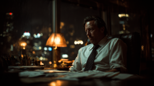 Business owner sitting alone in a dark office late at night, looking trapped and exhausted, symbolising loss of control and burnout in business.