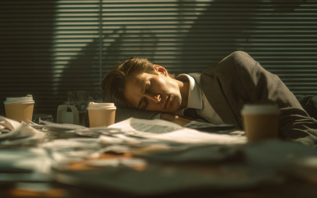 A businessman in a suit passed out on his desk in sheer exhaustion.
