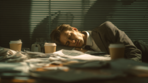 A businessman in a suit passed out on his desk in sheer exhaustion.