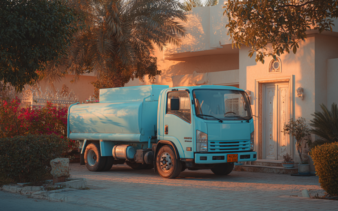 A fuel delivery truck parked in a quiet residential driveway at dawn, soft golden morning light, modern Middle Eastern villa in background