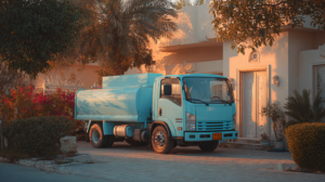 A fuel delivery truck parked in a quiet residential driveway at dawn, soft golden morning light, modern Middle Eastern villa in background