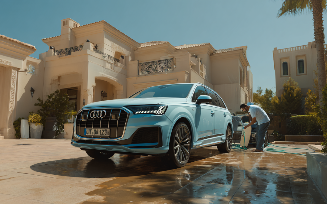 A mobile car wash van parked in a sunny residential driveway next to a luxury SUV, worker in branded uniform cleaning the vehicle, modern Middle Eastern villa in background, feeling of premium convenience