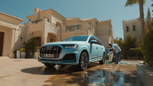 A mobile car wash van parked in a sunny residential driveway next to a luxury SUV, worker in branded uniform cleaning the vehicle, modern Middle Eastern villa in background, feeling of premium convenience