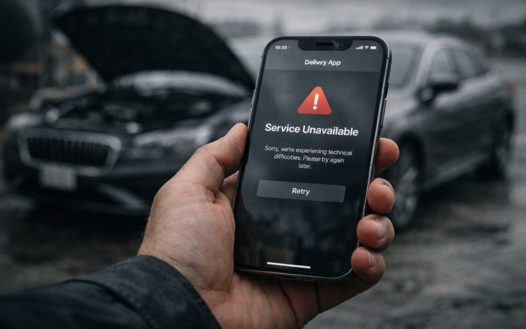 Close up of a hand holding a smartphone showing a “Service Unavailable” error on a delivery app, with a blurred luxury car in the background under overcast skies, creating a moody atmosphere of frustration and broken expectations.