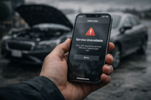 Close up of a hand holding a smartphone showing a “Service Unavailable” error on a delivery app, with a blurred luxury car in the background under overcast skies, creating a moody atmosphere of frustration and broken expectations.