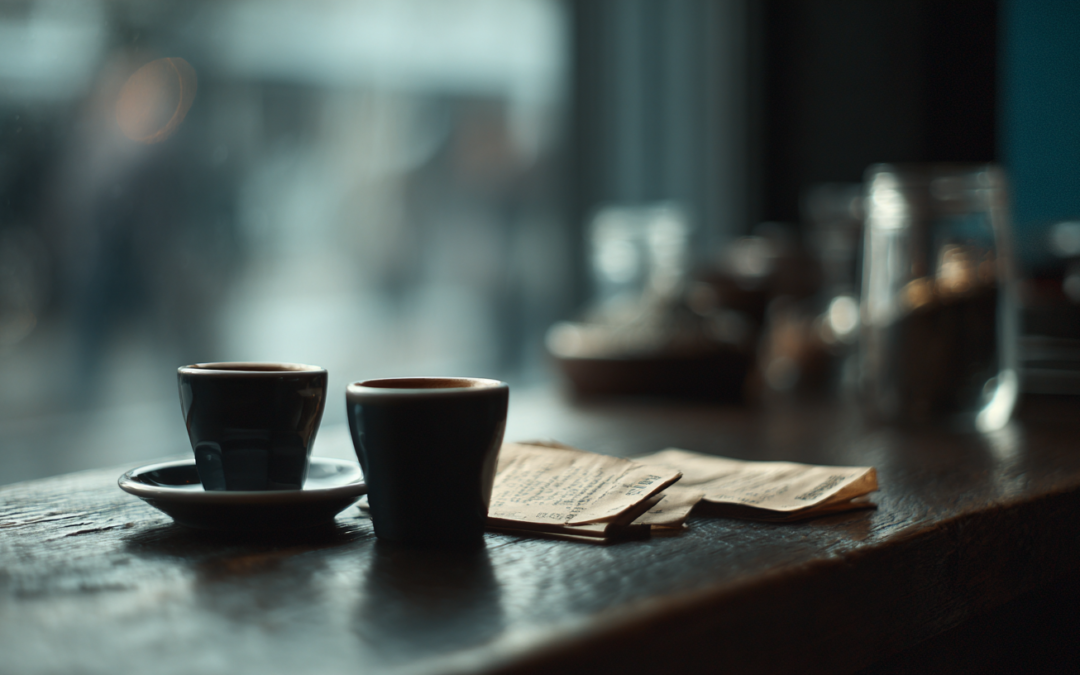Close-up of espresso cups and an unexpectedly high café receipt on a table after a memorial gathering, capturing the emotional impact of feeling overcharged